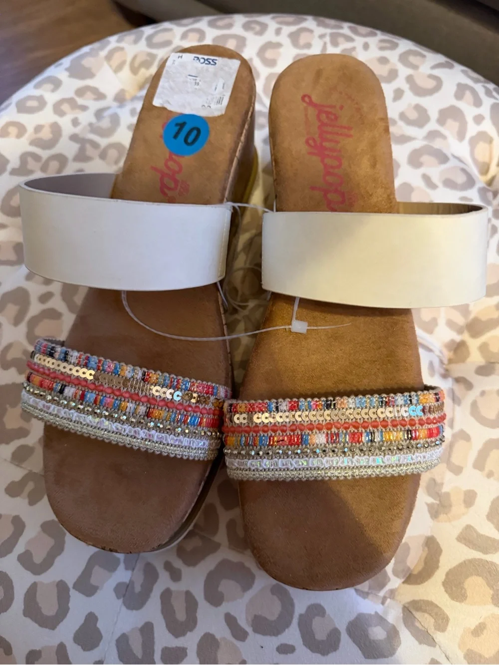 Jellypop Cream Slide Sandals with Multicolor Beaded Toe Strap
